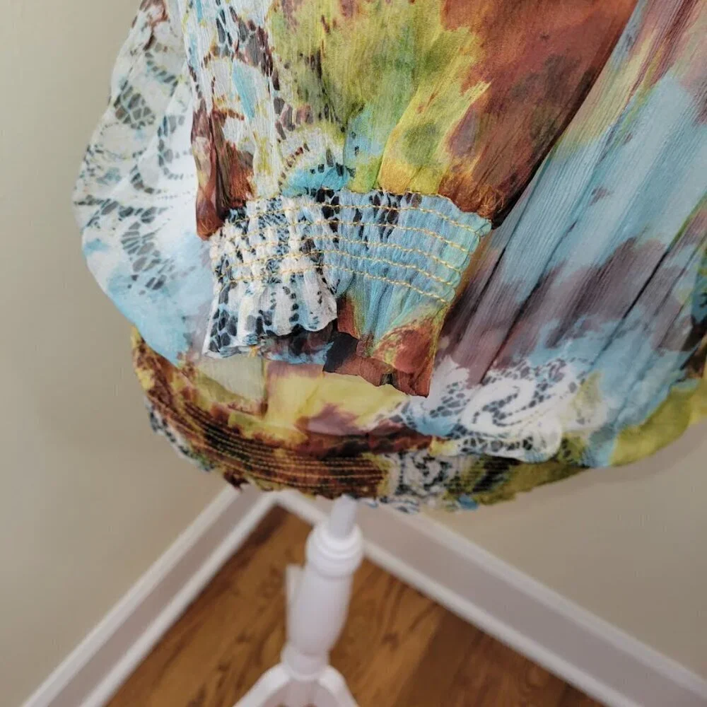 Everest Apparel 100% Silk Blouse Sheer Multicolored Elastic Waist Top Size S - Picture 9 of 14